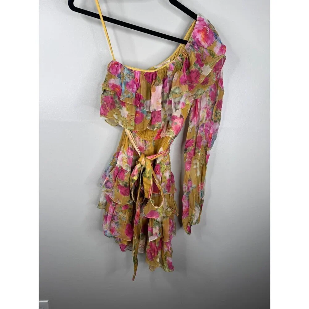 NWT ROCOCO SAND Avar Belted One Shoulder Dress Floral Chiffon Size XS Ochre